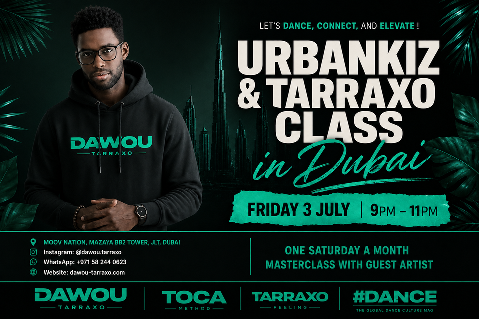 UrbanKiz and Tarraxo Class in Dubai flyer featuring Dawou Tarraxo at MOOV Nation, JLT